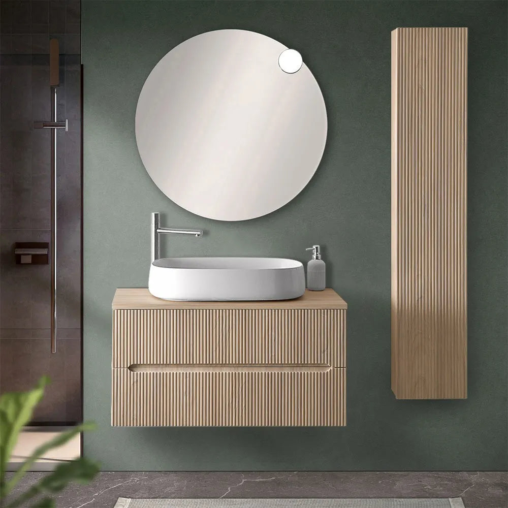Mobile bagno sospeso cannettato 90 cm sabbiato con top e specchio  Bali