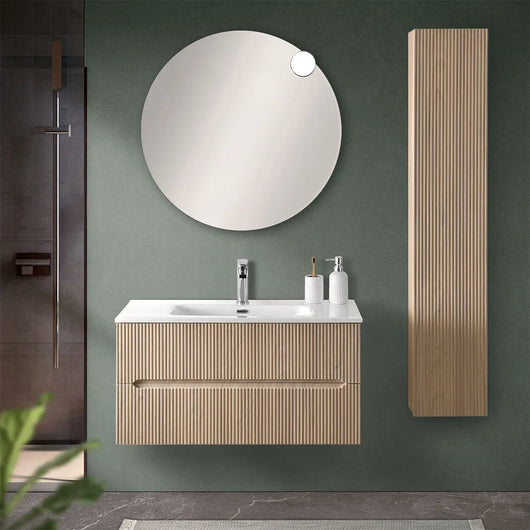 Mobile bagno sospeso cannettato 90 cm rovere chiaro con specchio  Bali