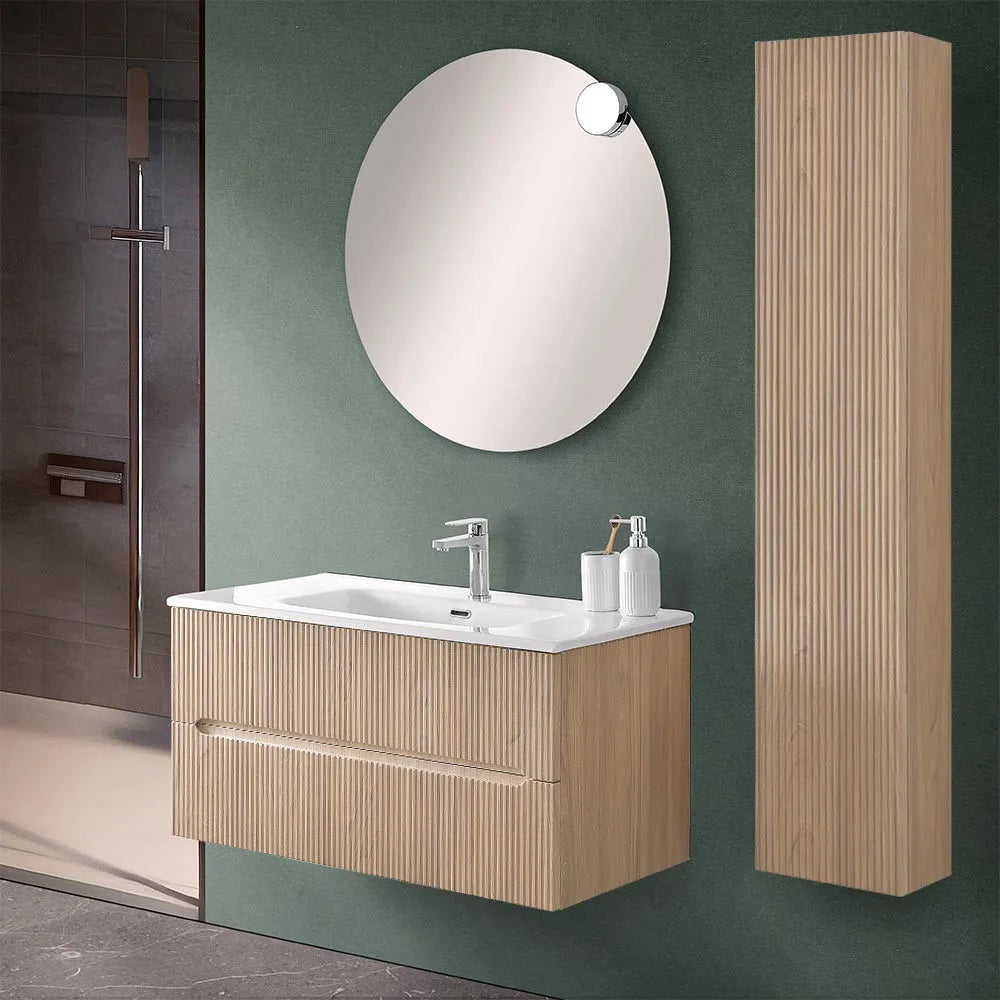 Mobile bagno sospeso cannettato 90 cm rovere chiaro con specchio  Bali