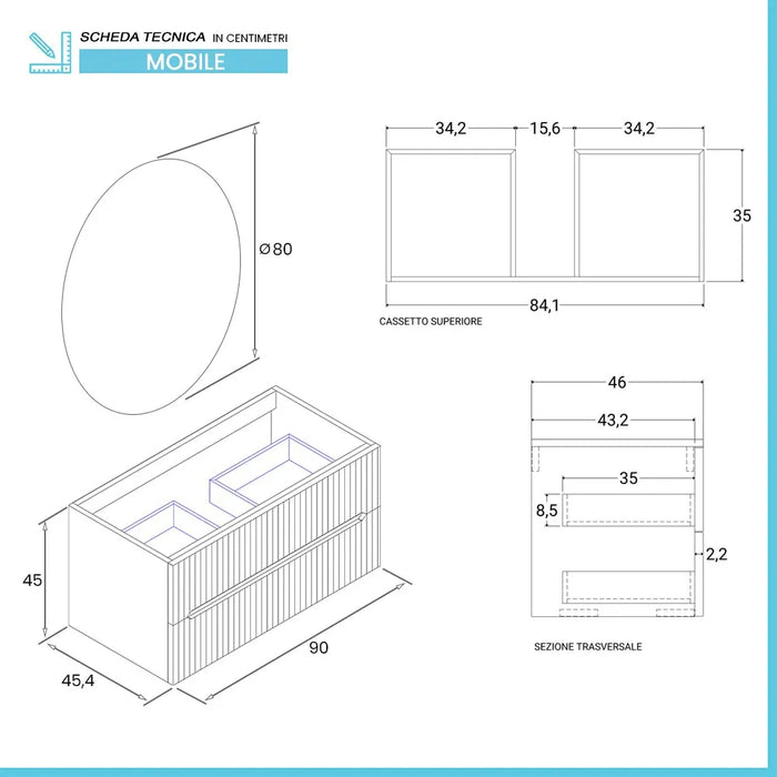 Mobile bagno sospeso cannettato 90 cm rovere chiaro con specchio  Bali