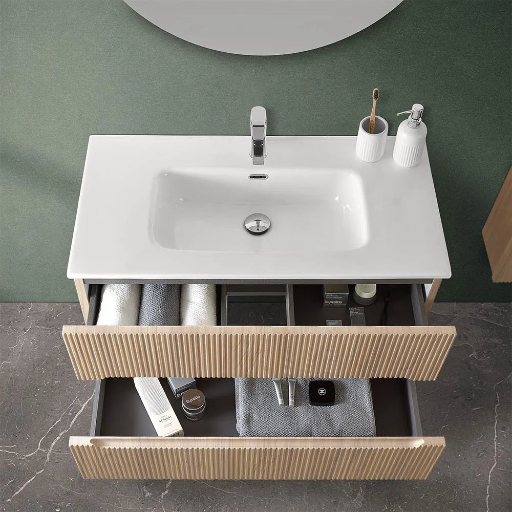 Mobile bagno sospeso cannettato 90 cm rovere chiaro con specchio  Bali