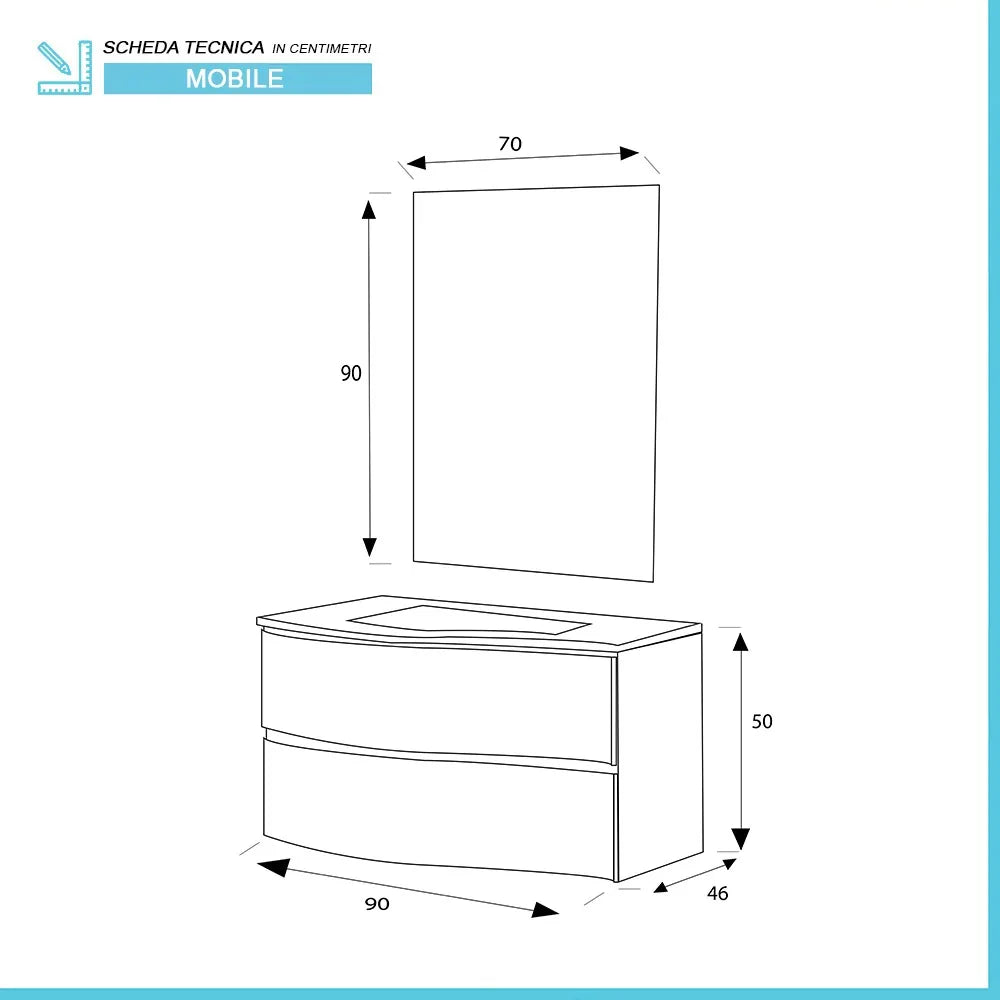 Mobile bagno sospeso curvo 90 verde con lavabo e specchio cm Minori
