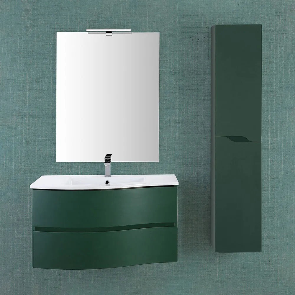 Mobile bagno sospeso curvo 90 verde con lavabo e specchio cm Minori
