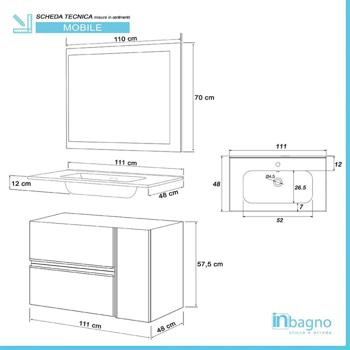 Mobile bagno sospeso da 110 cm effetto pietra Oxid