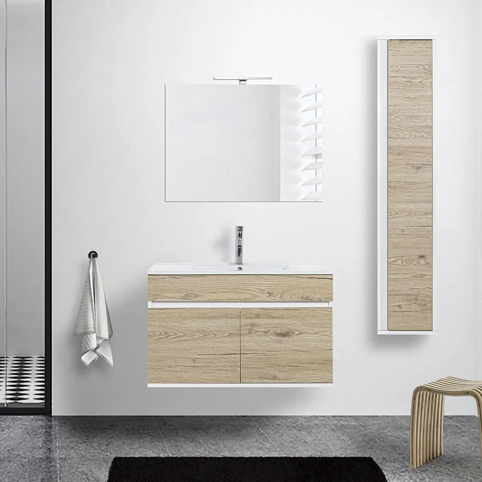 Mobile bagno sospeso da 90 cm Duble rovere africa con lavabo e specchio