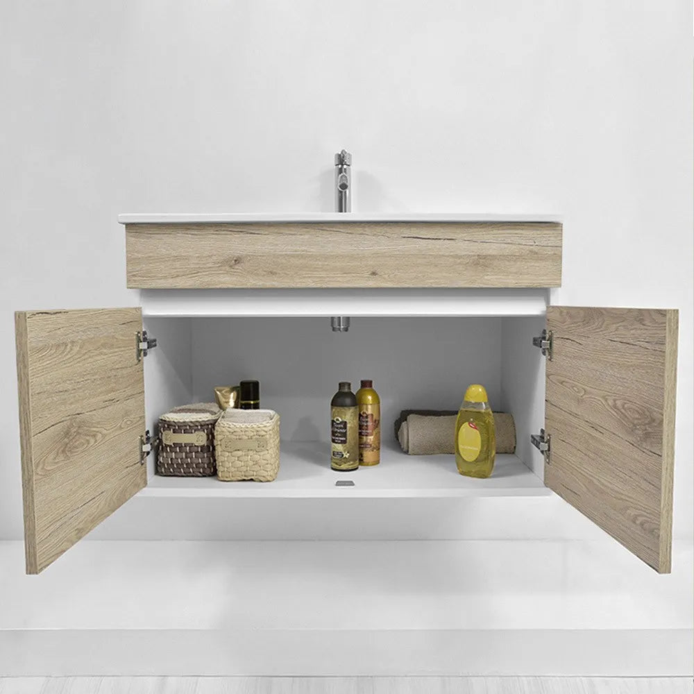 Mobile bagno sospeso da 90 cm Duble rovere africa con lavabo e specchio
