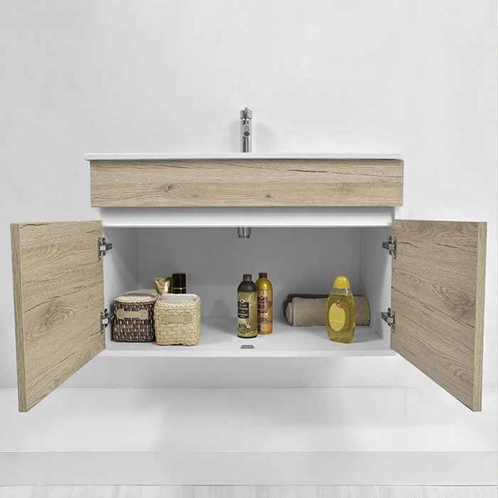 Mobile bagno sospeso da 90 cm Duble rovere africa con lavabo e specchio