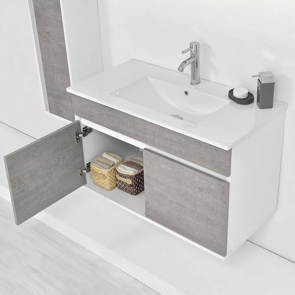 Mobile bagno sospeso da 90 cm Duble grigio industrial con lavabo e specchio