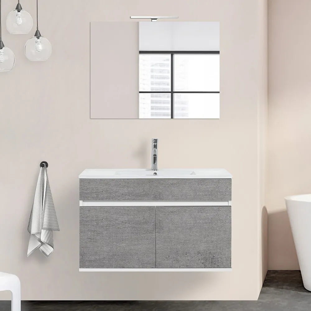 Mobile bagno sospeso da 90 cm Duble grigio industrial con lavabo e specchio