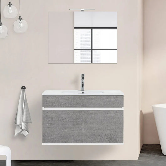 Mobile bagno sospeso da 90 cm Duble grigio industrial con lavabo e specchio