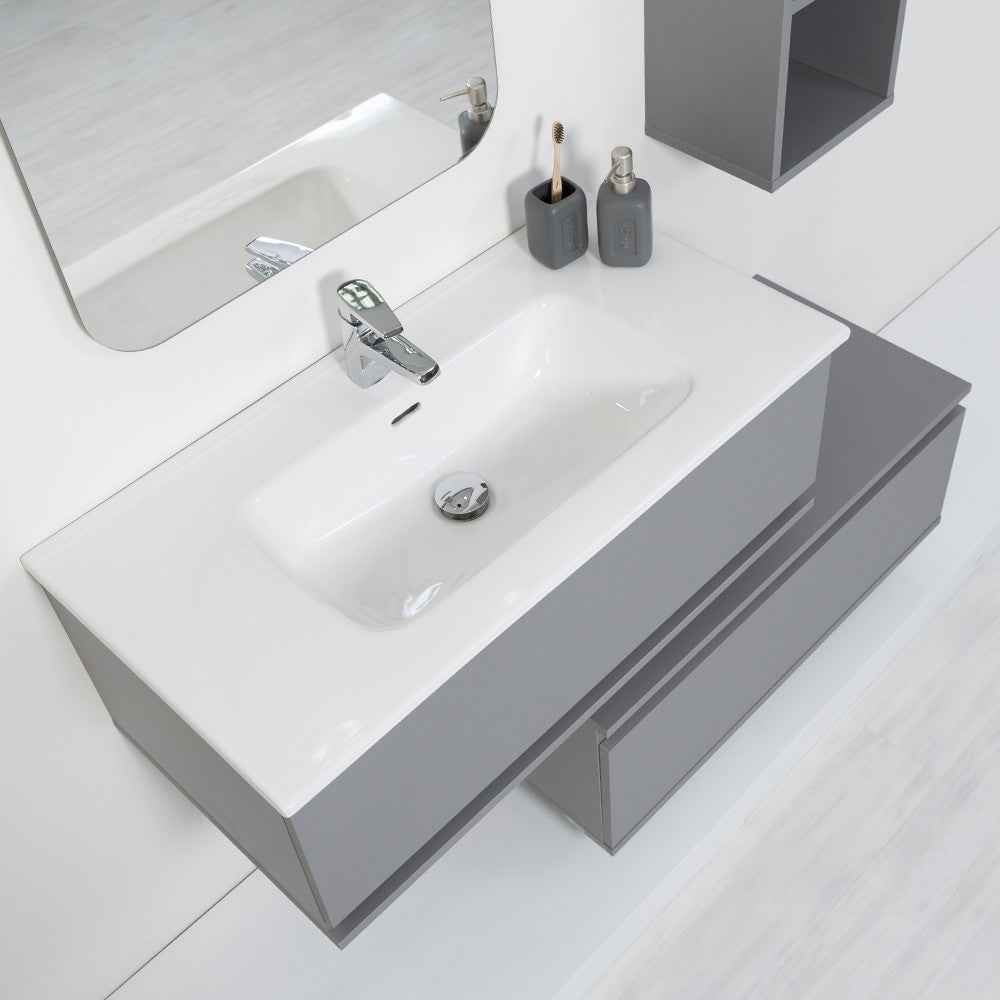 Mobile bagno sospeso grigio pastello 90x47 cm con specchio e ceramica inclusi