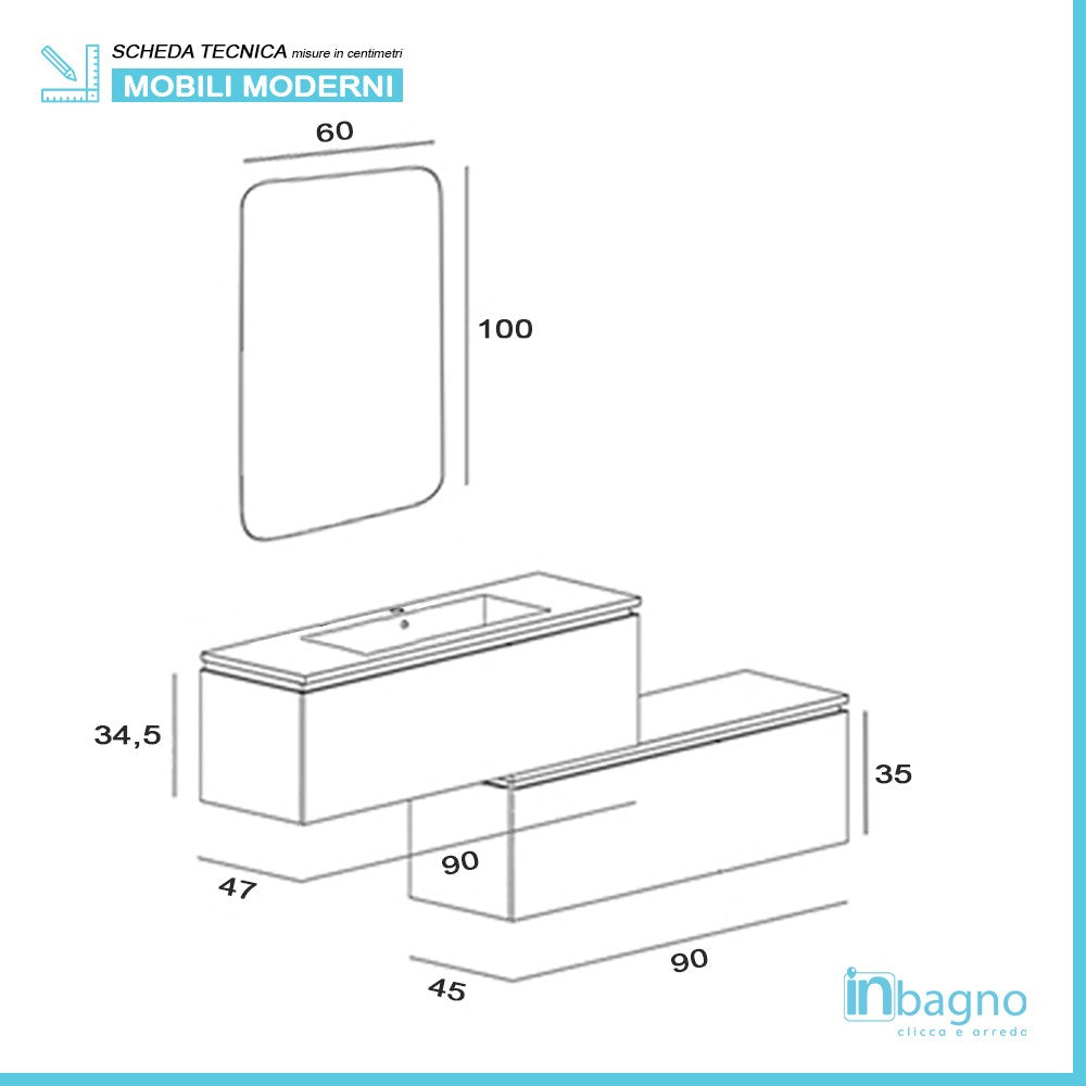Mobile bagno sospeso grigio pastello 90x47 cm con specchio e ceramica inclusi