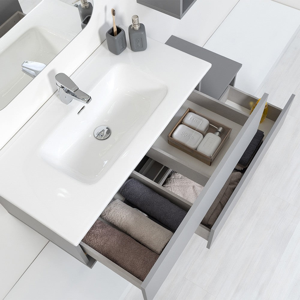 Mobile bagno sospeso grigio pastello 90x47 cm con specchio e ceramica inclusi