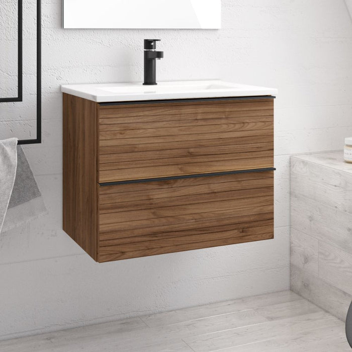 Mobile bagno sospeso noce effetto cannettato Senda con 2 cassettoni 80x45.5x48H