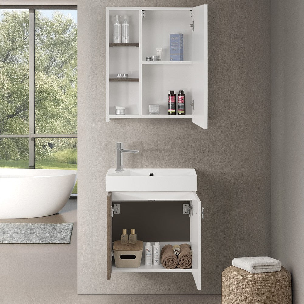 Mobile bagno sospeso salvaspazio 55 cm bianco e grigio cemento con specchio Strada