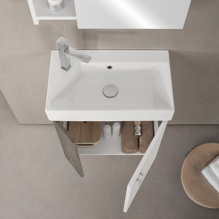 Mobile bagno sospeso salvaspazio 55 cm bianco e grigio cemento con specchio Strada