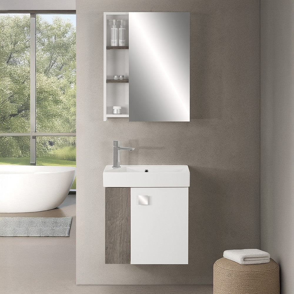 Mobile bagno sospeso salvaspazio 55 cm bianco e grigio cemento con specchio Strada