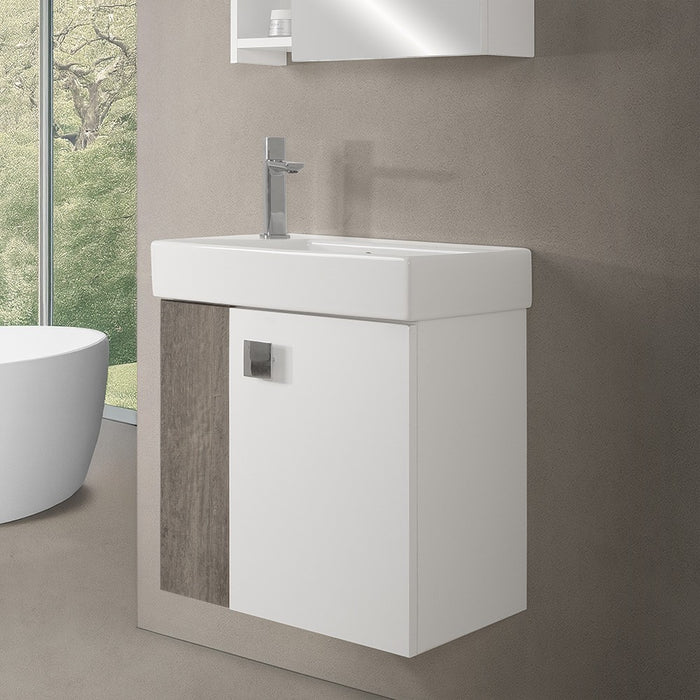 Mobile bagno sospeso salvaspazio 55 cm bianco e grigio cemento con specchio Strada