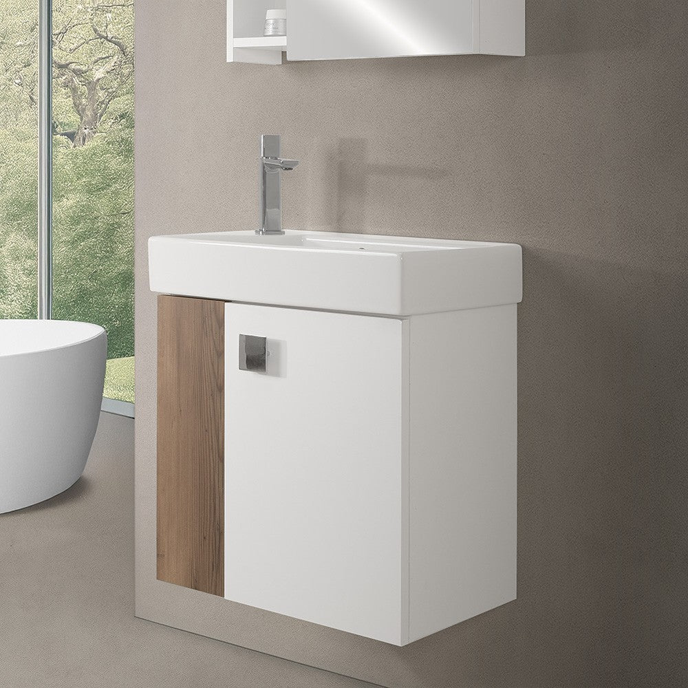 Mobile bagno sospeso salvaspazio 55 cm bianco e noce canaletto con specchio Strada