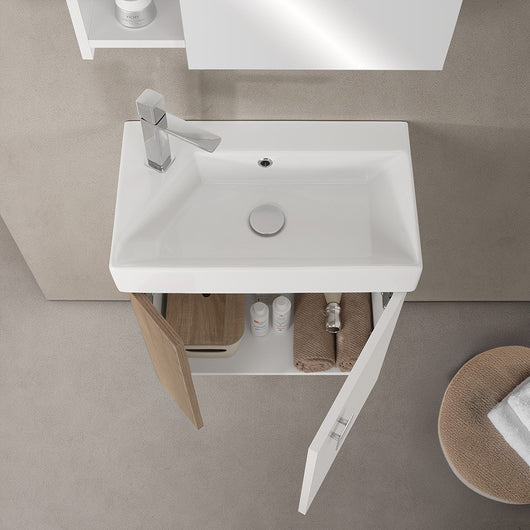 Mobile bagno sospeso salvaspazio 55 cm bianco e noce canaletto con specchio Strada