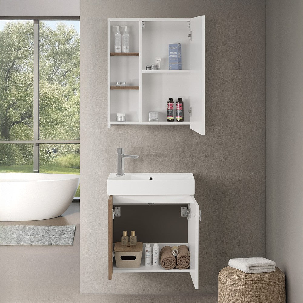 Mobile bagno sospeso salvaspazio 55 cm bianco e noce canaletto con specchio Strada