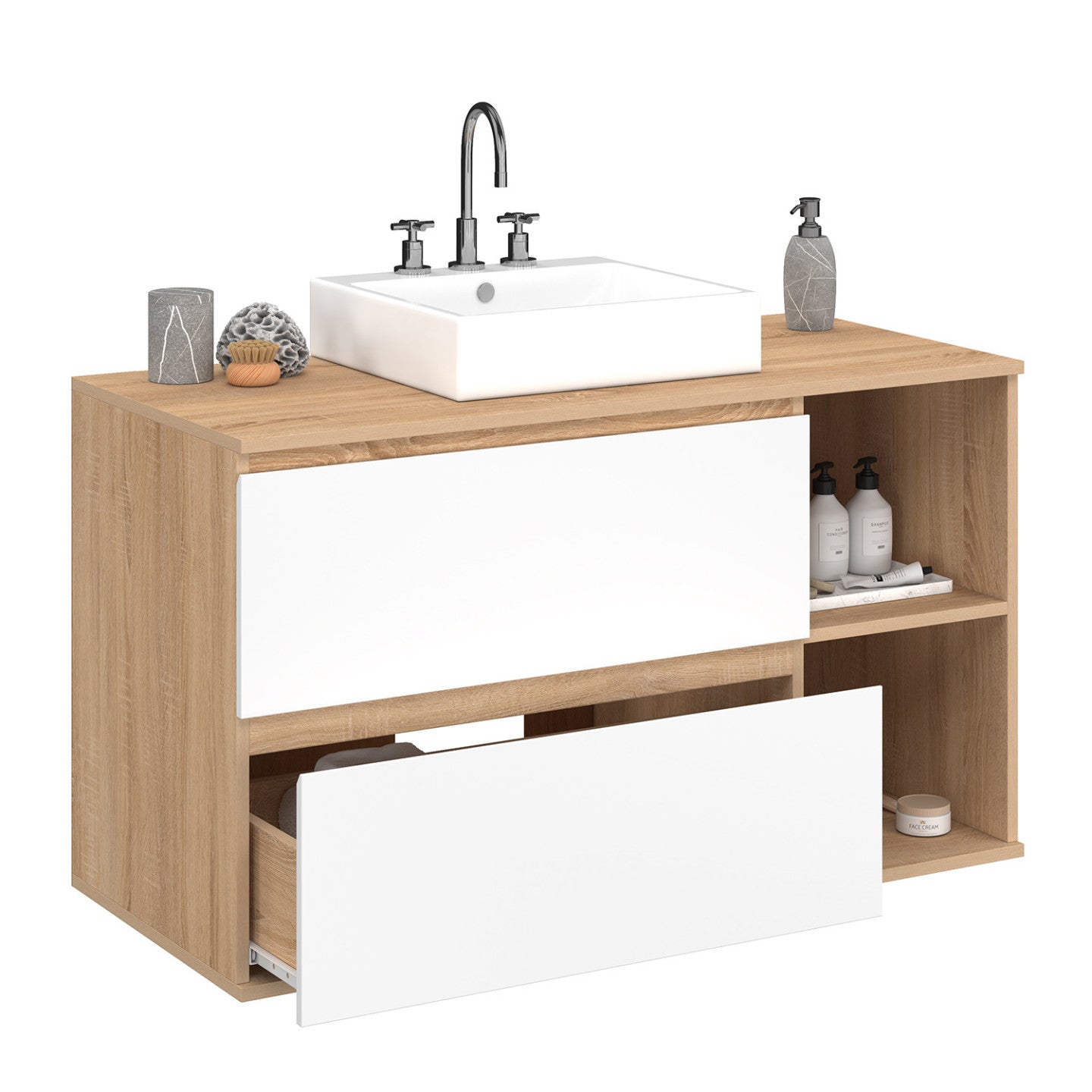 IDMarket - Mobile bagno sospeso TOMI con 2 cassetti e 2 nicchie, finitura faggio e bianco