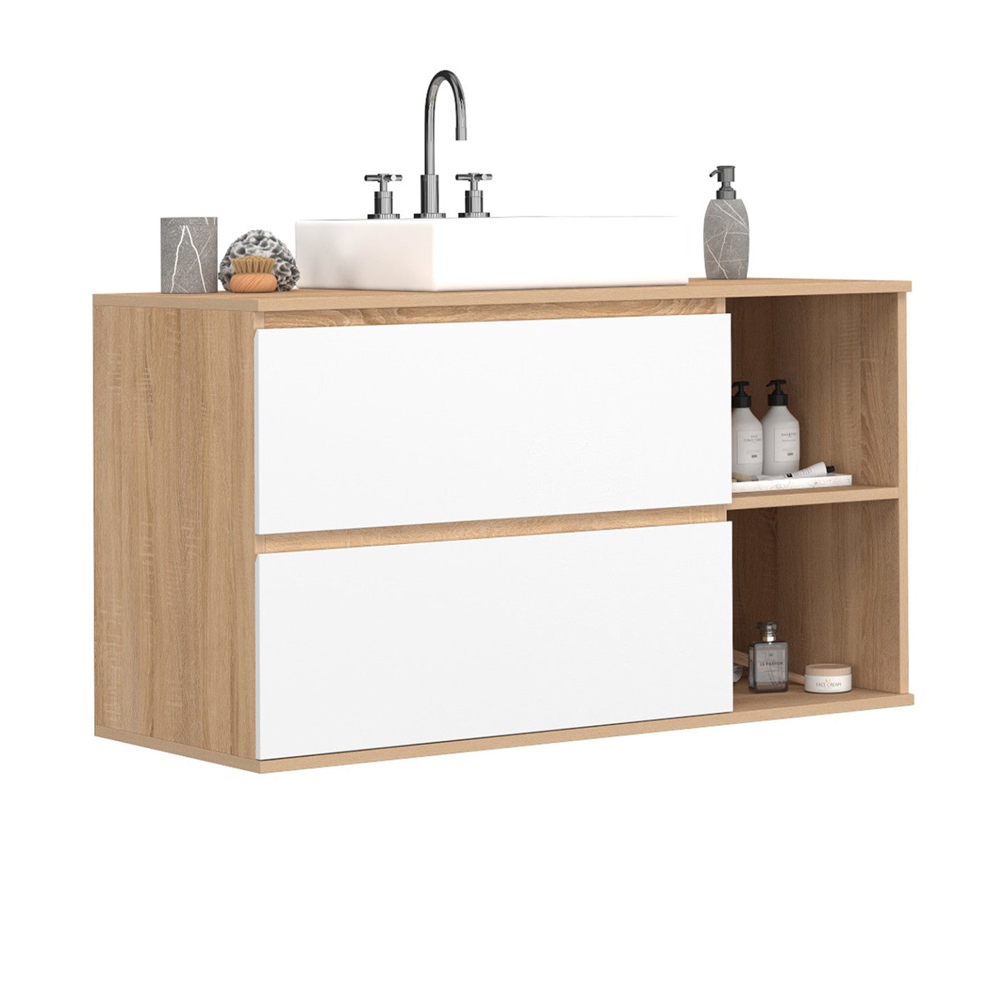 IDMarket - Mobile bagno sospeso TOMI con 2 cassetti e 2 nicchie, finitura faggio e bianco