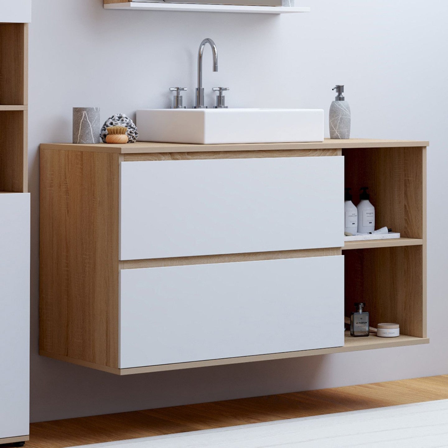 IDMarket - Mobile bagno sospeso TOMI con 2 cassetti e 2 nicchie, finitura faggio e bianco