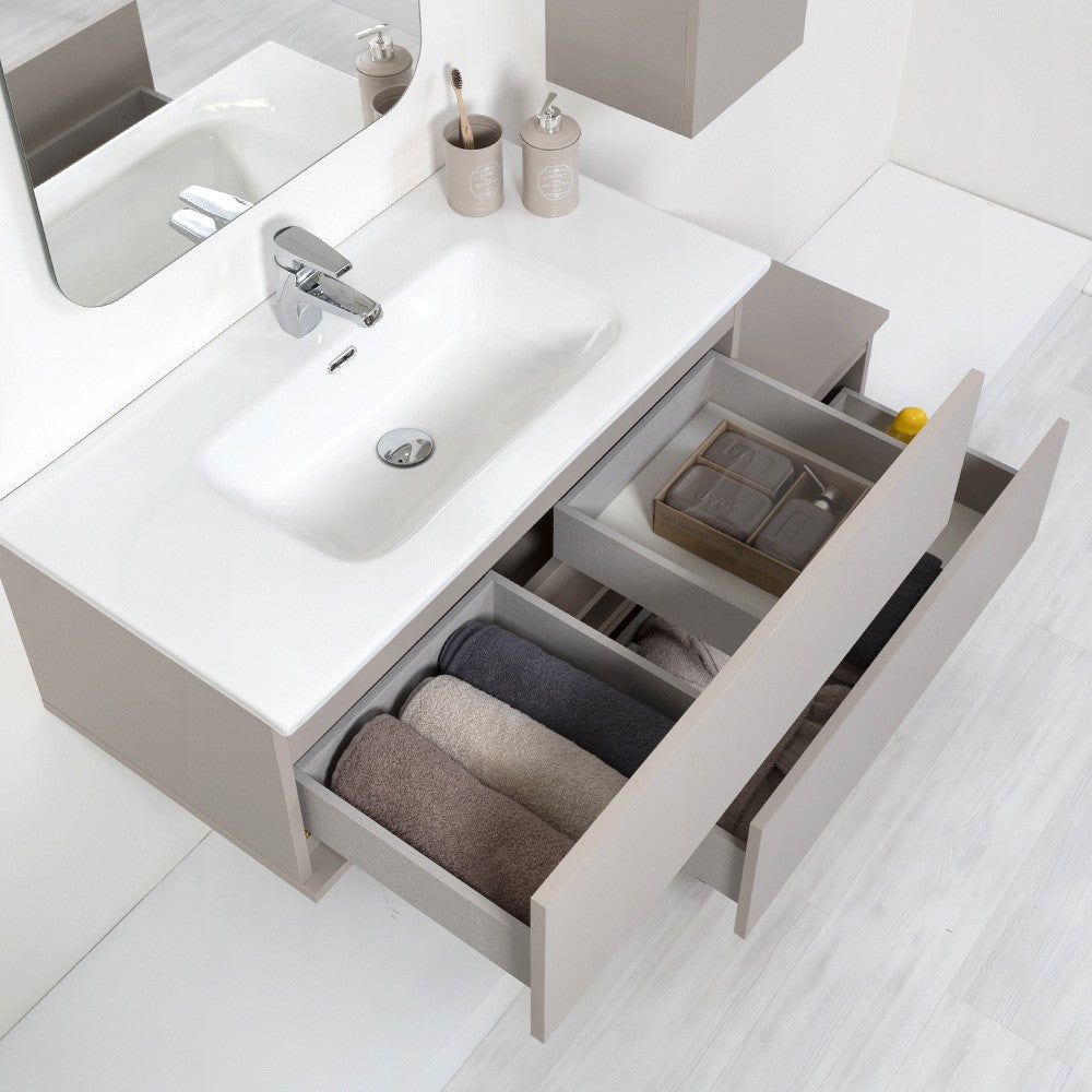 Mobile bagno sospeso tortora 90x47 cm con specchio e ceramica inclusi