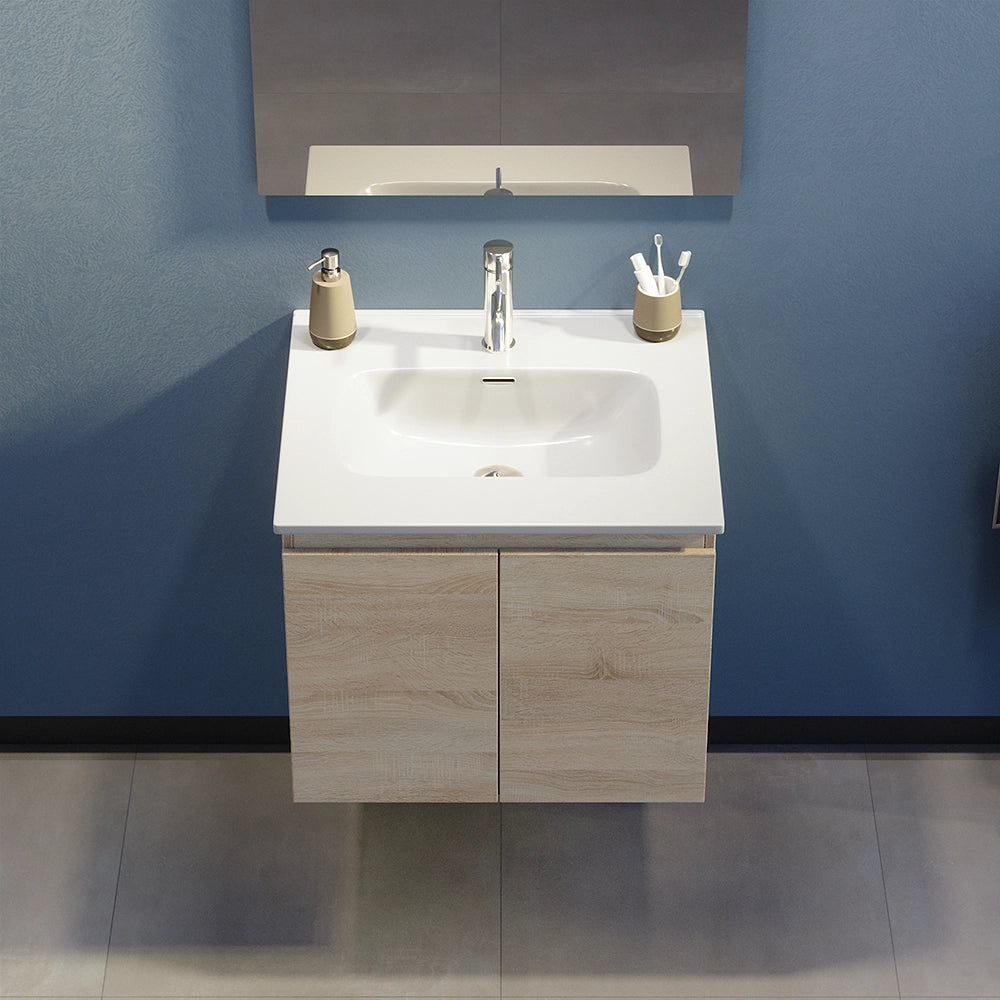 Mobile bagno sospeso 80 cm due ante rovere chiaro lavabo e specchio | Yili