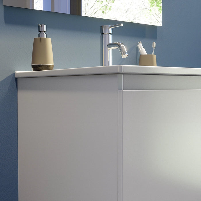 Mobile bagno sospeso 60 cm due ante bianco effetto legno lavabo e specchio | Yili