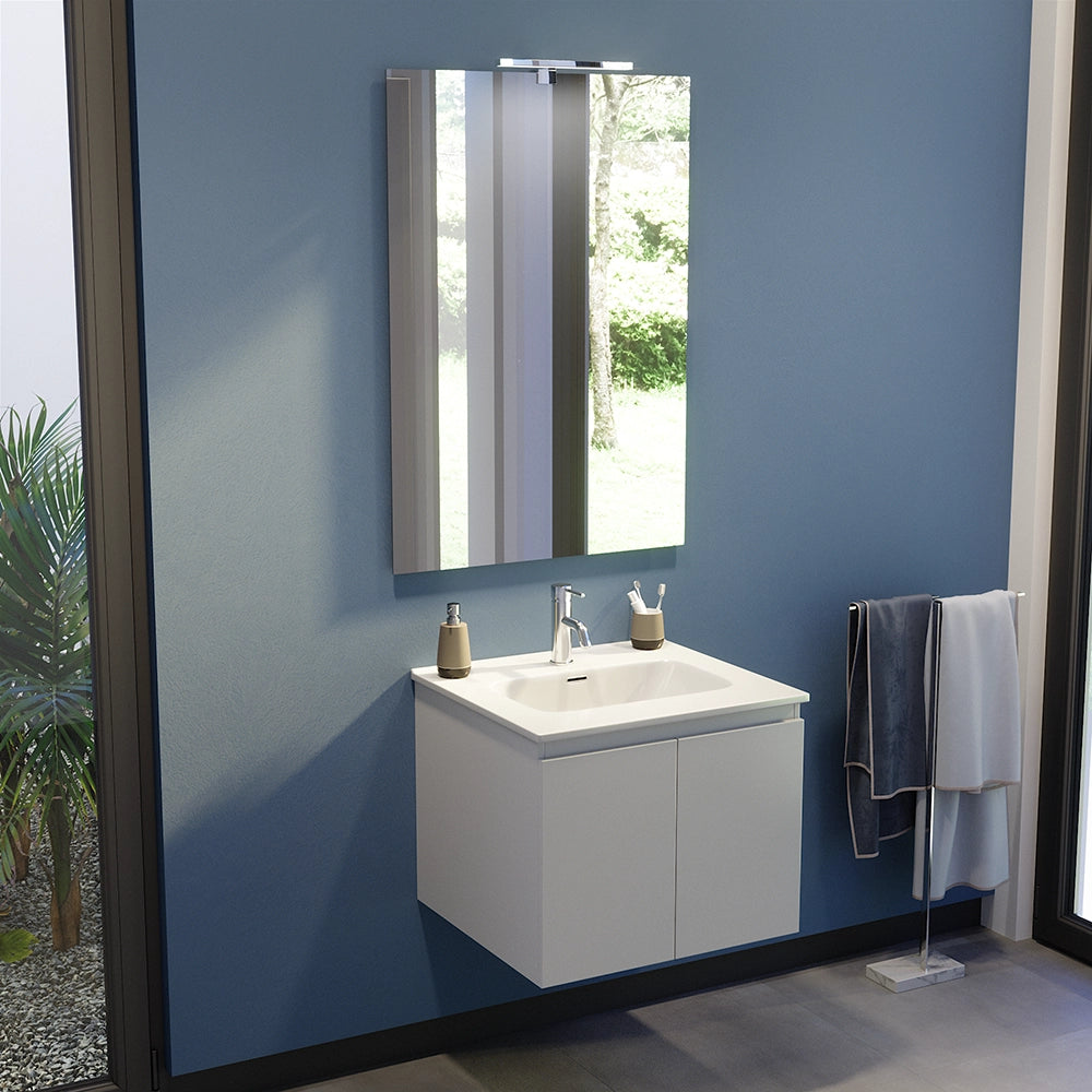 Mobile bagno sospeso 80 cm due ante bianco effetto legno lavabo e specchio | Yili