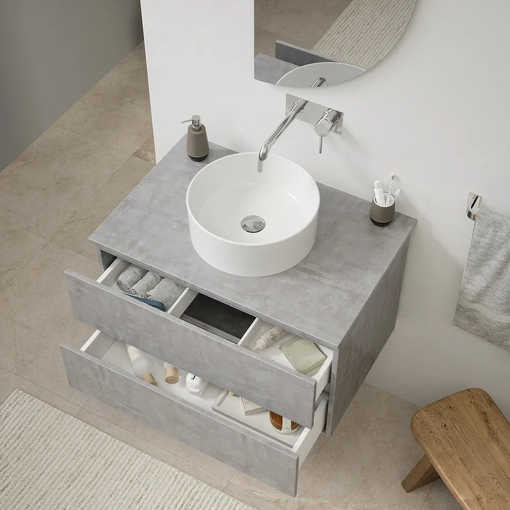 Mobile da bagno sospeso 90 cm effetto cemento chiaro con top | Yili