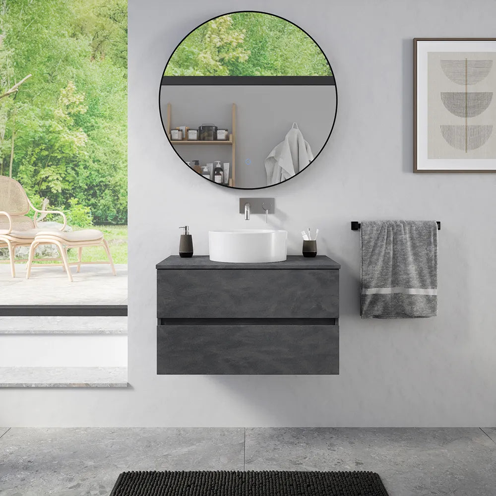 Mobile da bagno sospeso 90 cm effetto cemento scuro con top | Yili