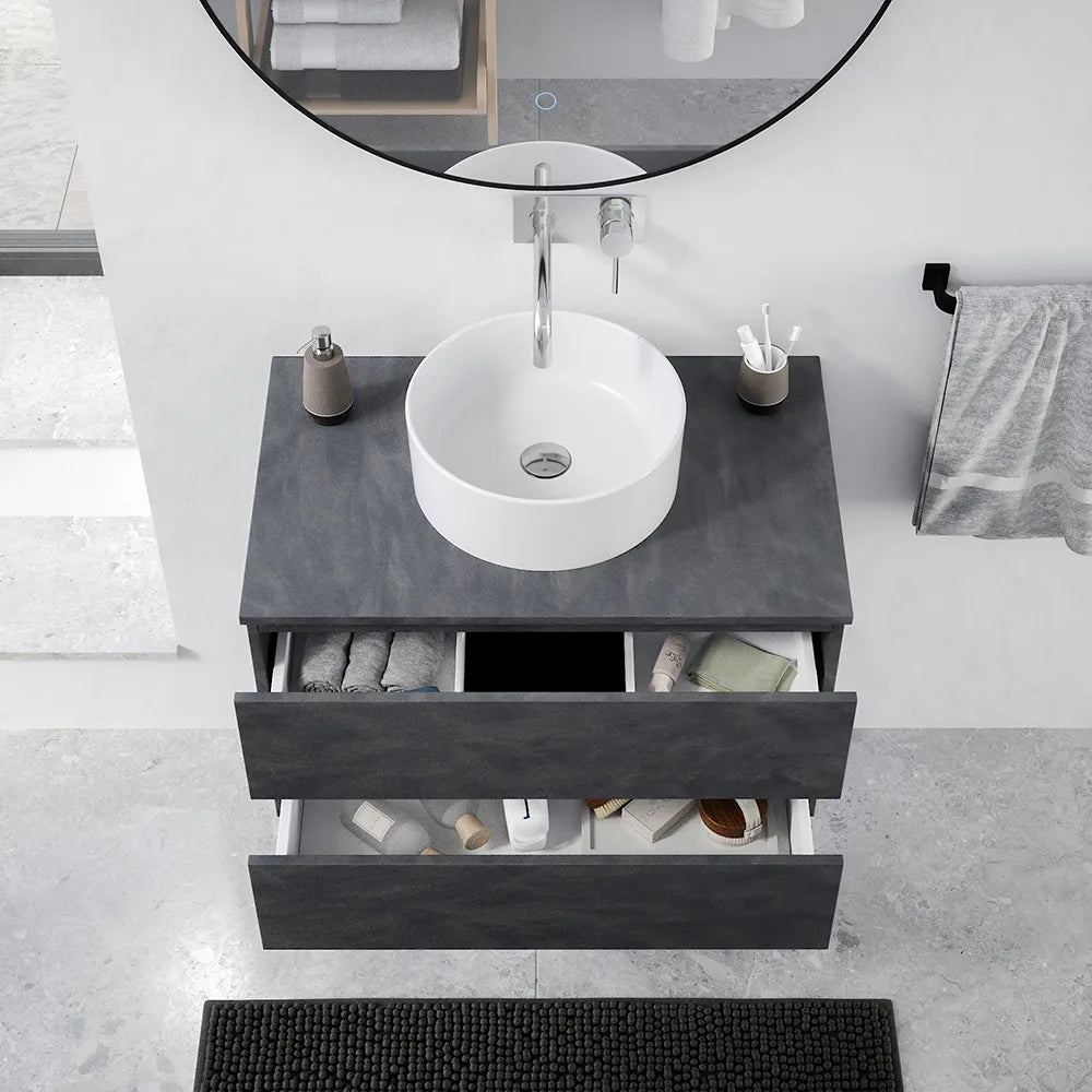 Mobile da bagno sospeso 80 cm effetto cemento scuro con top | Yili