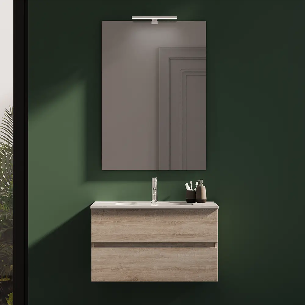 Mobile da bagno sospeso 80 cm rovere chiaro con lavabo e specchio | Yili