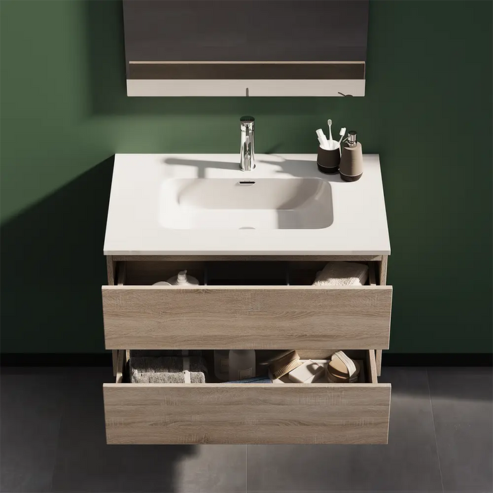 Mobile da bagno sospeso 80 cm rovere chiaro con lavabo e specchio | Yili
