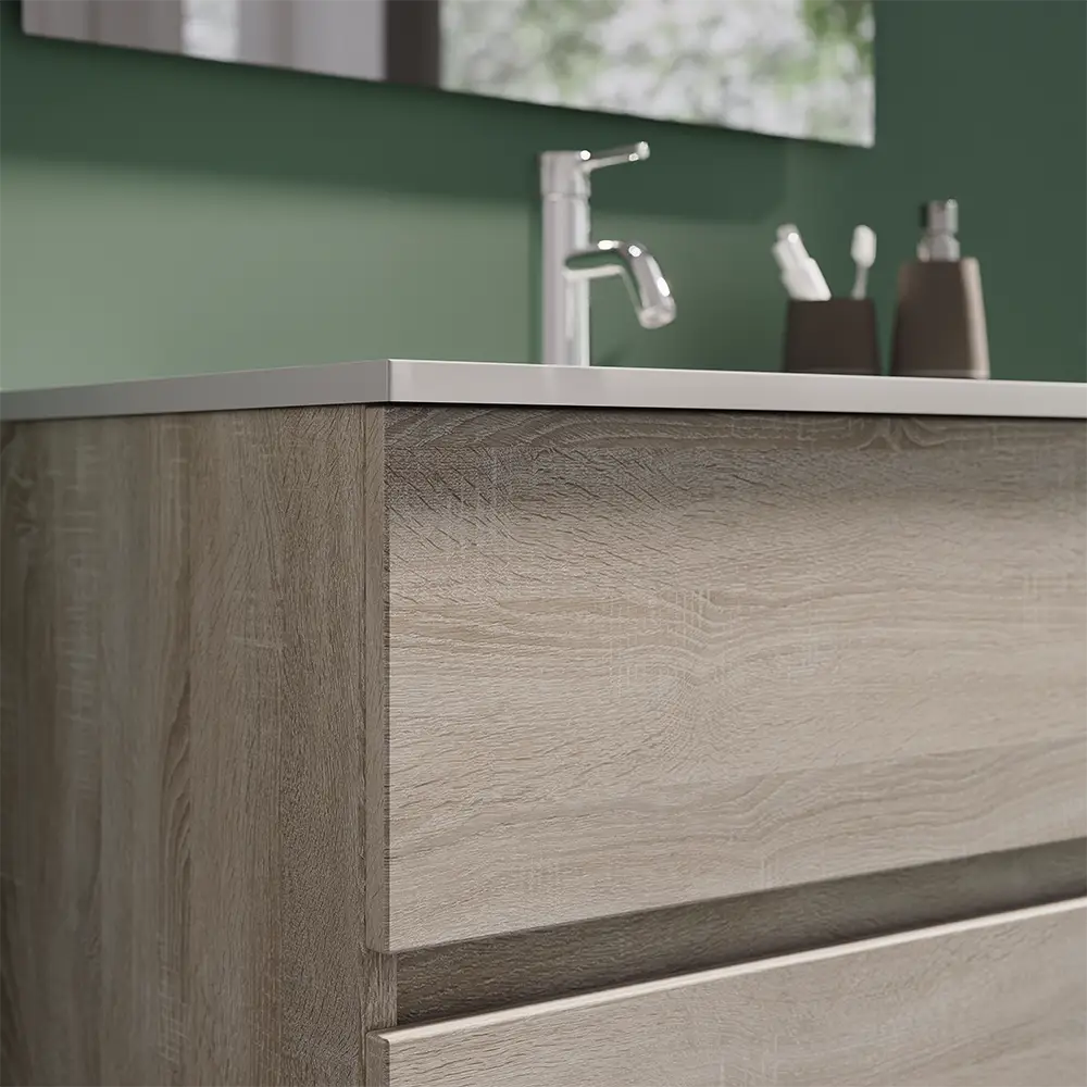 Mobile da bagno sospeso 80 cm rovere chiaro con lavabo e specchio | Yili