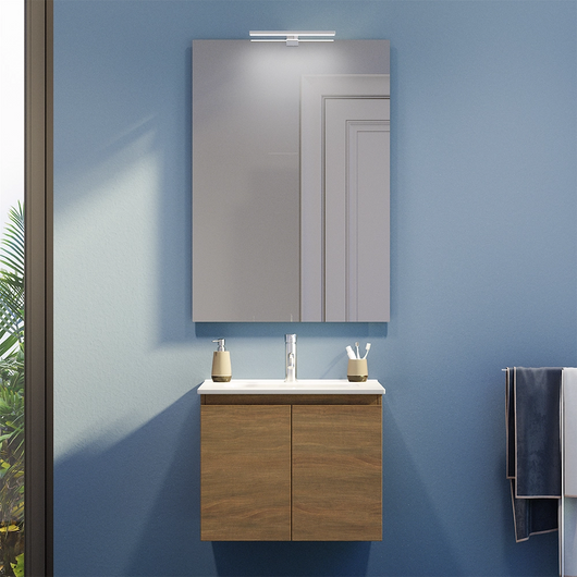 Mobile bagno sospeso 80 cm due ante rovere scuro lavabo e specchio | Yili