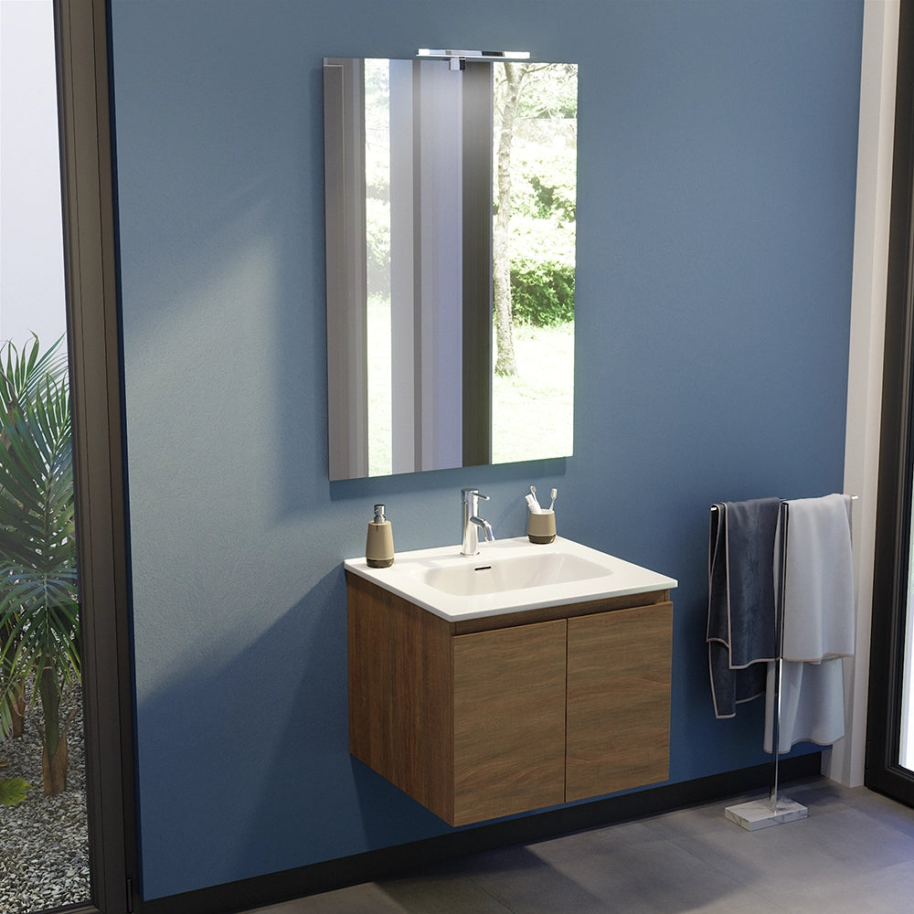 Mobile bagno sospeso 60 cm due ante rovere scuro lavabo e specchio | Yili