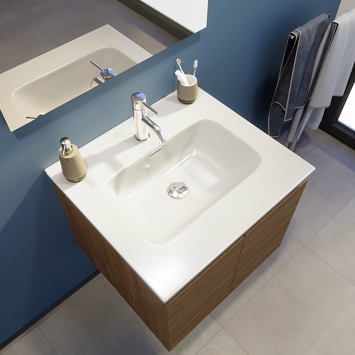 Mobile bagno sospeso 60 cm due ante rovere scuro lavabo e specchio | Yili