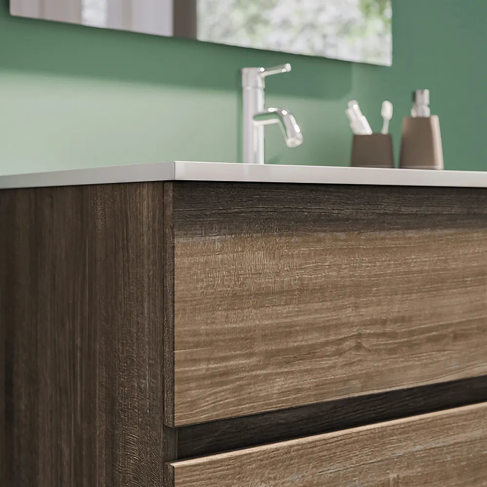 Mobile da bagno sospeso 80 cm rovere scuro con lavabo e specchio | Yili