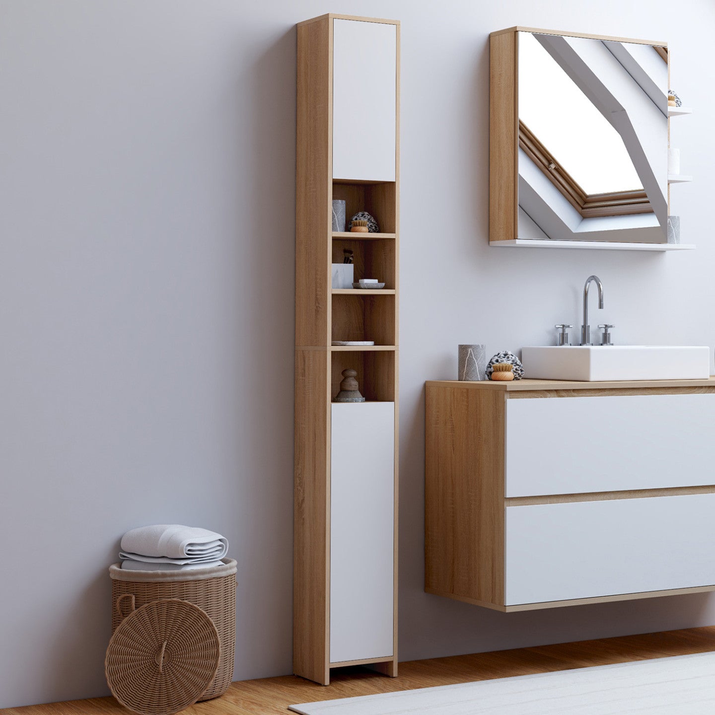 IDMarket - Mobile bagno TOMI a 2 ante con 4 nicchie, finitura faggio e bianco