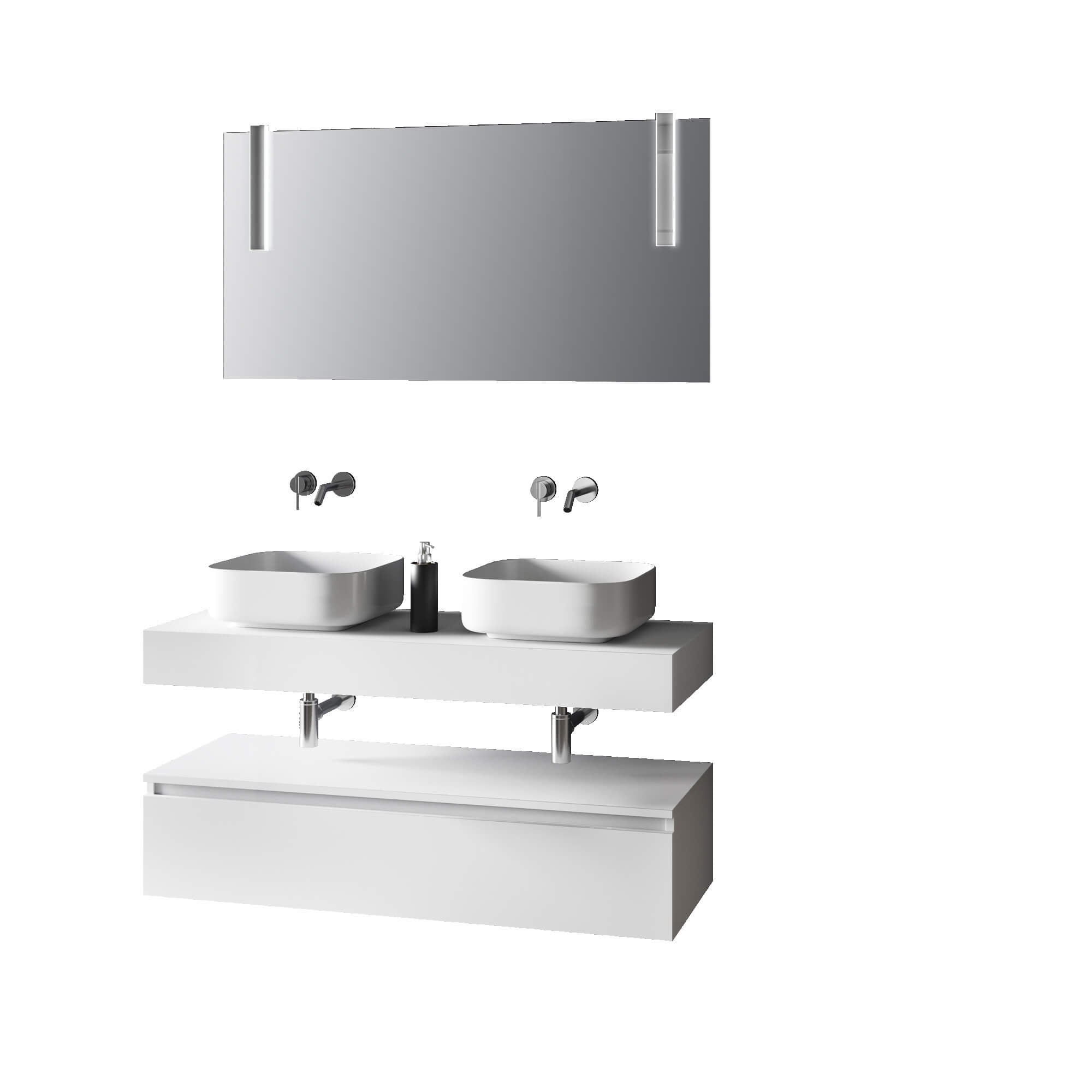 Composizione Bagno 120cm Con Doppio Lavabo, Base Con Cassetto E Specchio Con Lampada - Top bianco + base laccata bianco opaco