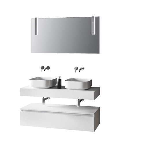Composizione Bagno 120cm Con Doppio Lavabo, Base Con Cassetto E Specchio Con Lampada - Top bianco + base laccata bianco opaco