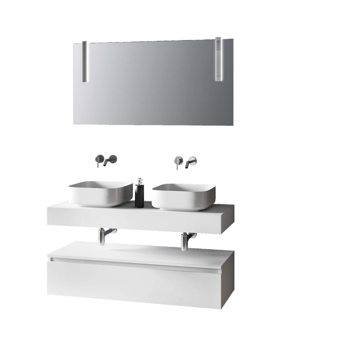 Composizione Bagno 120cm Con Doppio Lavabo, Base Con Cassetto E Specchio Con Lampada - Top bianco + base laccata bianco opaco