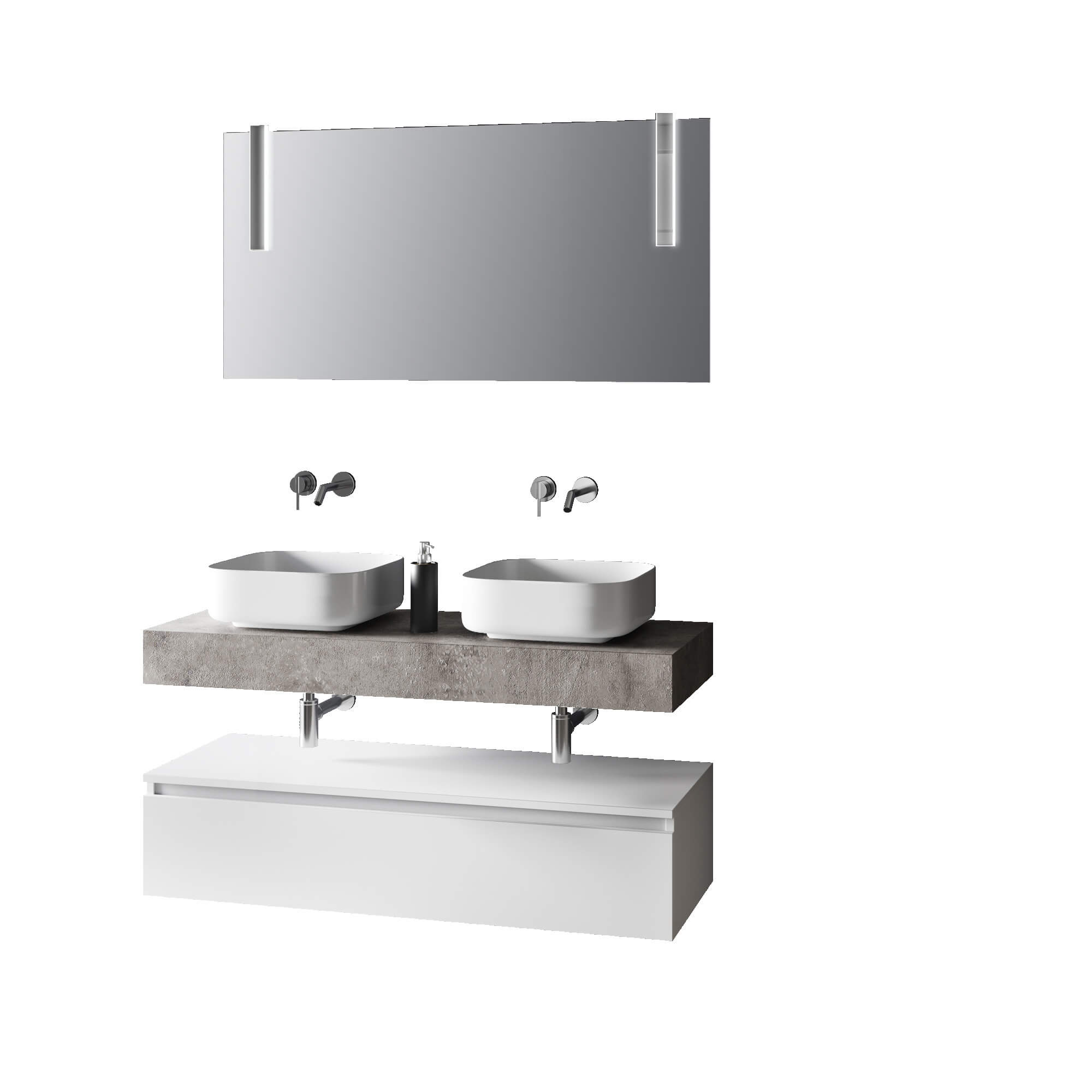 Composizione Bagno 120cm Con Doppio Lavabo, Base Con Cassetto E Specchio Con Lampada - Top cemento + base laccata bianco opaco