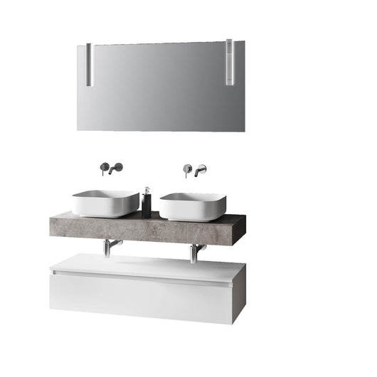 Composizione Bagno 120cm Con Doppio Lavabo, Base Con Cassetto E Specchio Con Lampada - Top cemento + base laccata bianco opaco