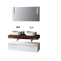 Composizione Bagno 120cm Con Doppio Lavabo, Base Con Cassetto E Specchio Con Lampada - Top noce + base laccata bianco opaco