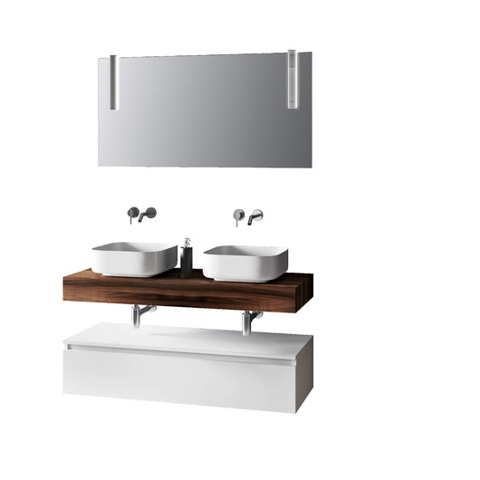 Composizione Bagno 120cm Con Doppio Lavabo, Base Con Cassetto E Specchio Con Lampada - Top noce + base laccata bianco opaco